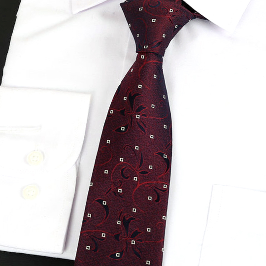 Burgundy Floral Pattern with White Squares Silk Tie 2