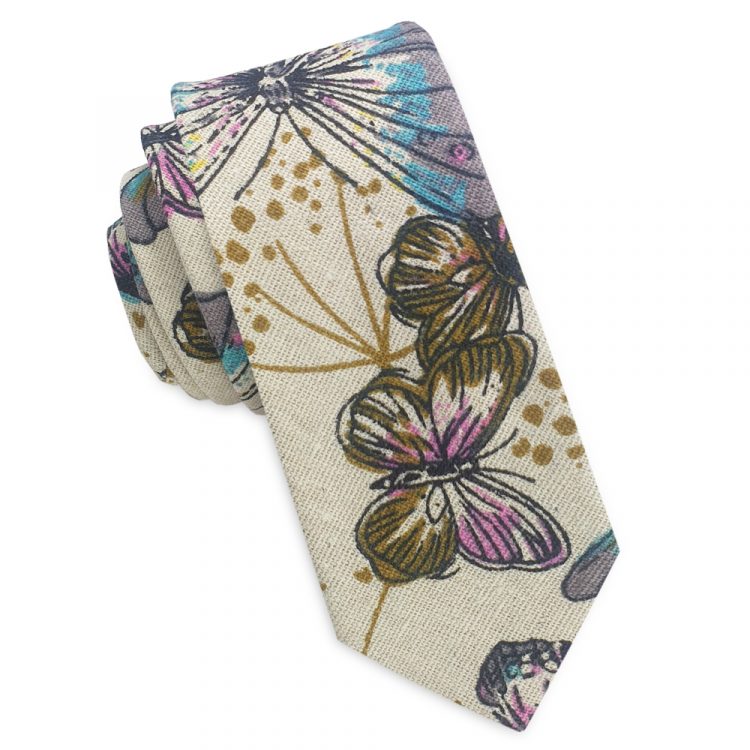 Beige with Butterfly Pattern Men's Skinny Tie
