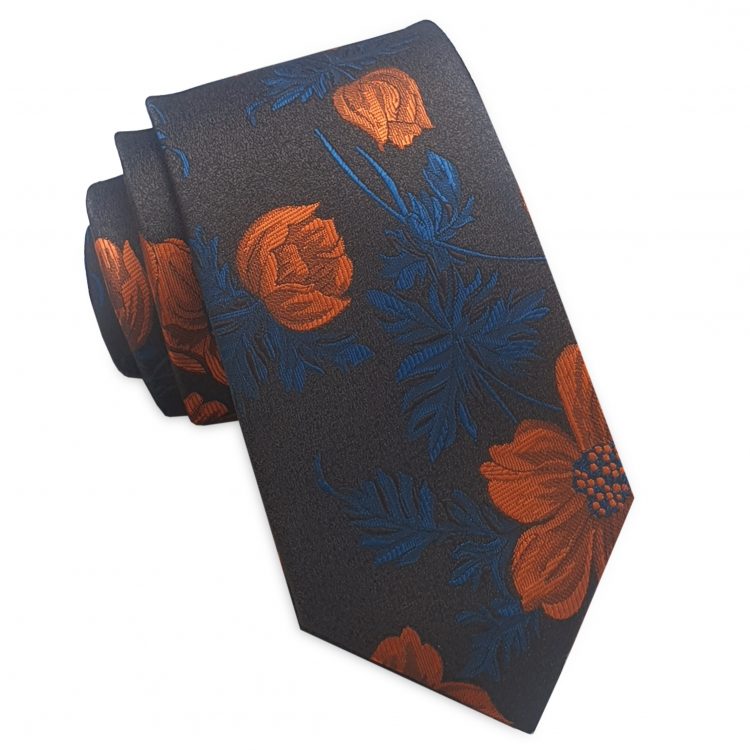 Dark Brown with Orange & Blue Floral Slim Tie