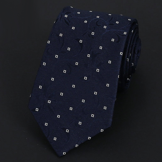 Dark Blue Floral Pattern with White Squares Silk Tie