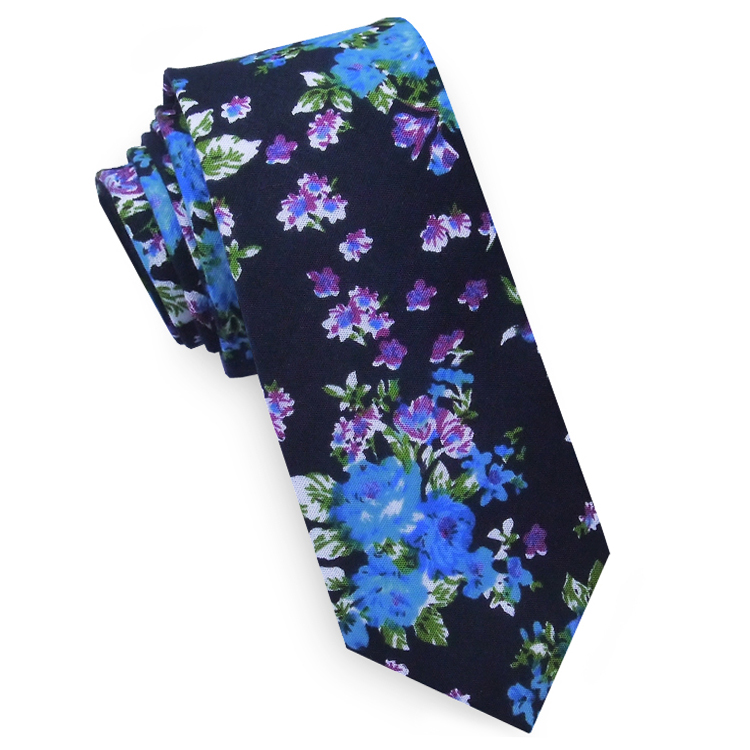Black with Blue & Purple Floral Pattern Men's Skinny Tie