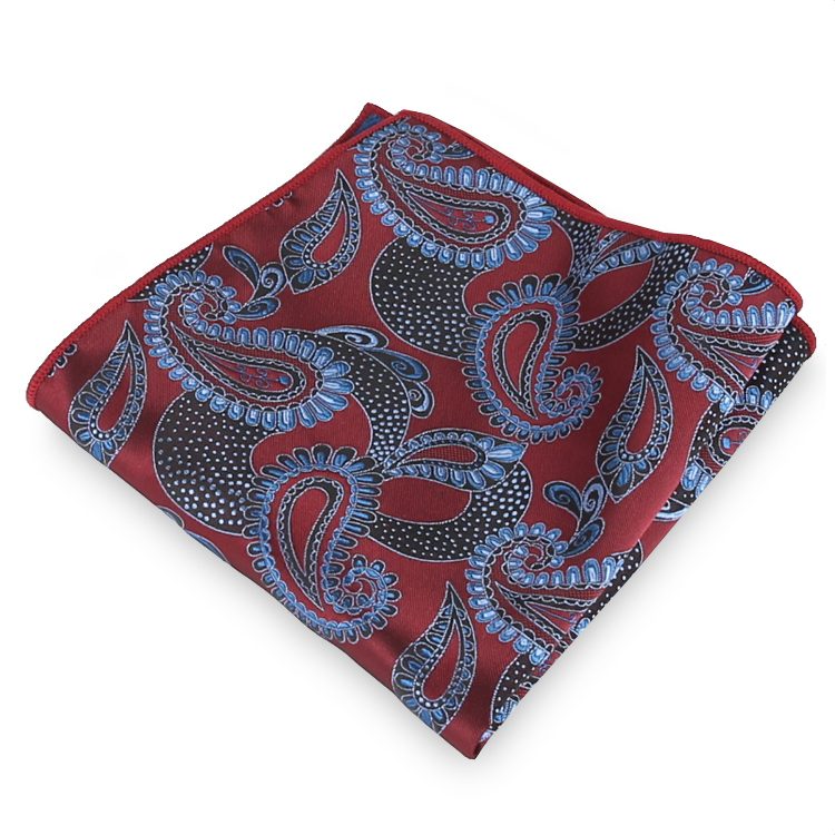Burgundy Red with Light Blue Paisley Pocket Square