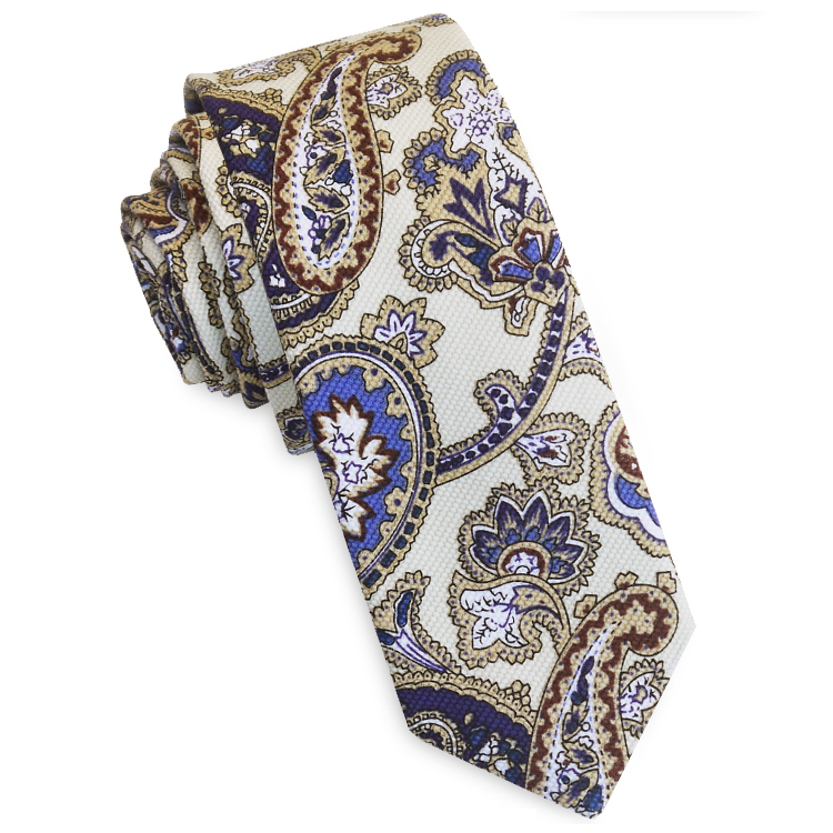 Cream with Blue Floral Paisley Men's Skinny Tie