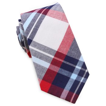 Dark Blue, Light Blue, Red & White Tartan Plaid Slim Tie