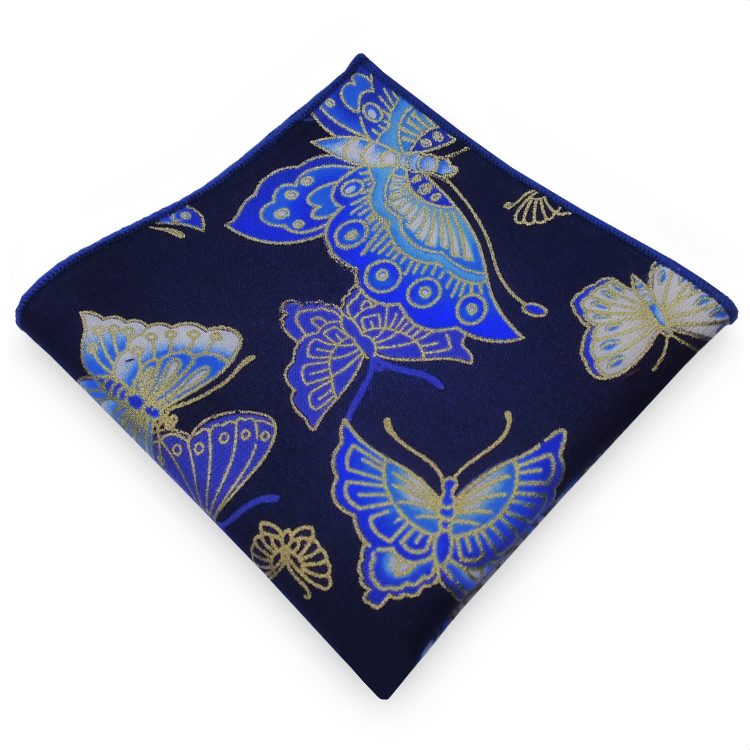 Dark Blue with Gold, Blue & White Butterflies Pocket Square