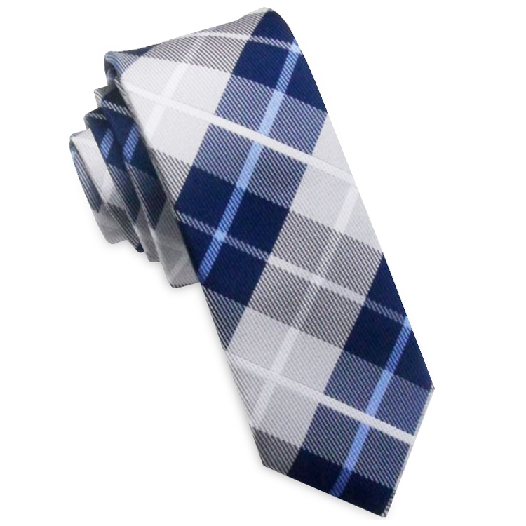 Grey, White & Blue Plaid Skinny Tie