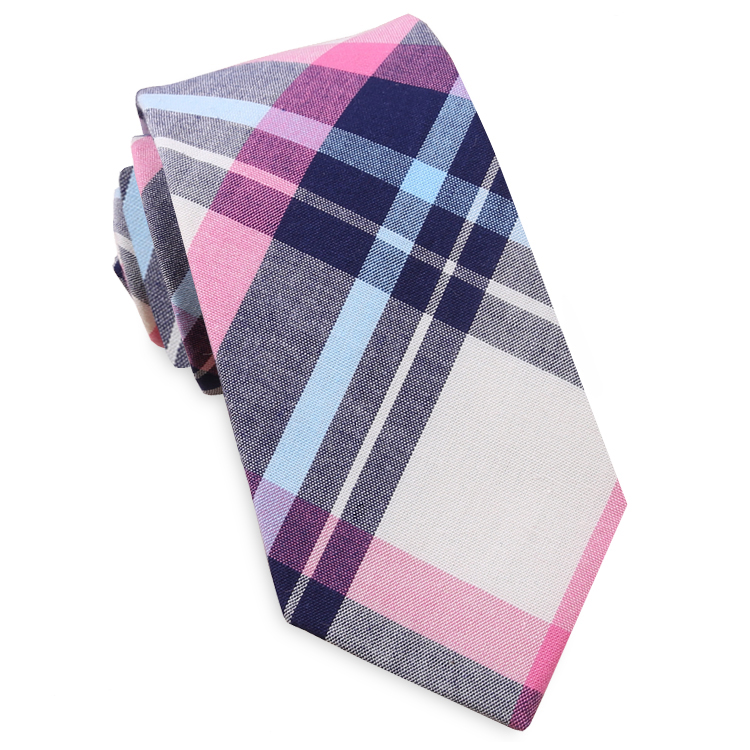 Navy, Light Blue, Pink & White Tartan Plaid Slim Tie
