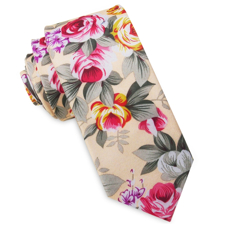 Pale Peach with Pink & Gold Floral Men's Slim Tie
