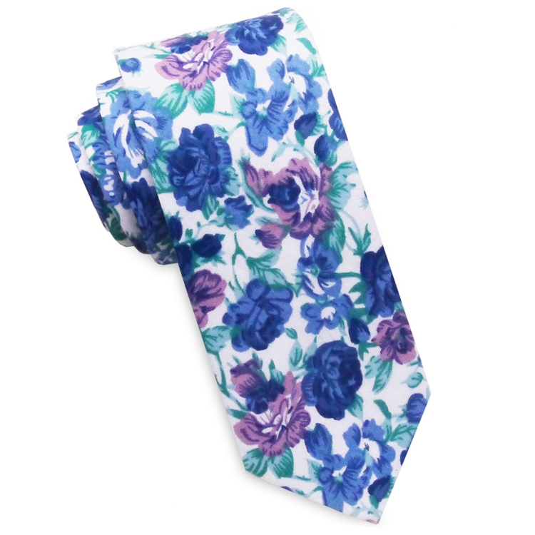 White with Blue & Lilac Flowers Men's Skinny Tie