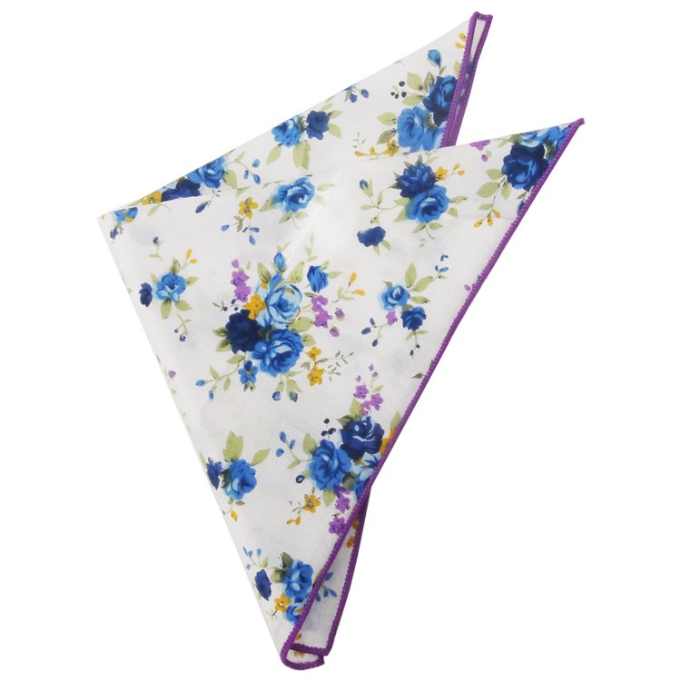 White with Purple & Blue Floral Pocket Square