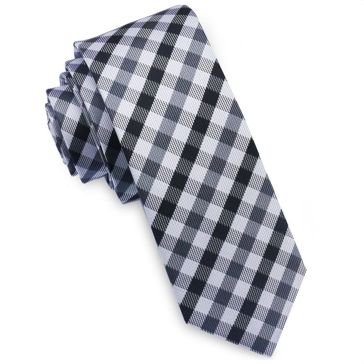 Black, Grey & White Check Plaid Skinny Tie