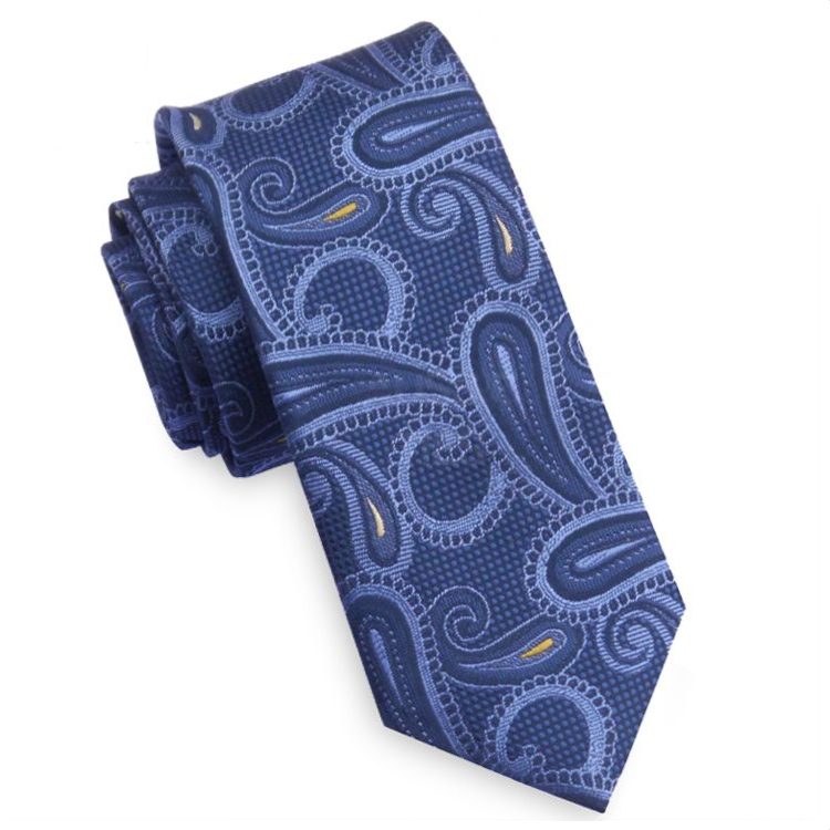 Blue and Yellow Paisley Mens Skinny Necktie