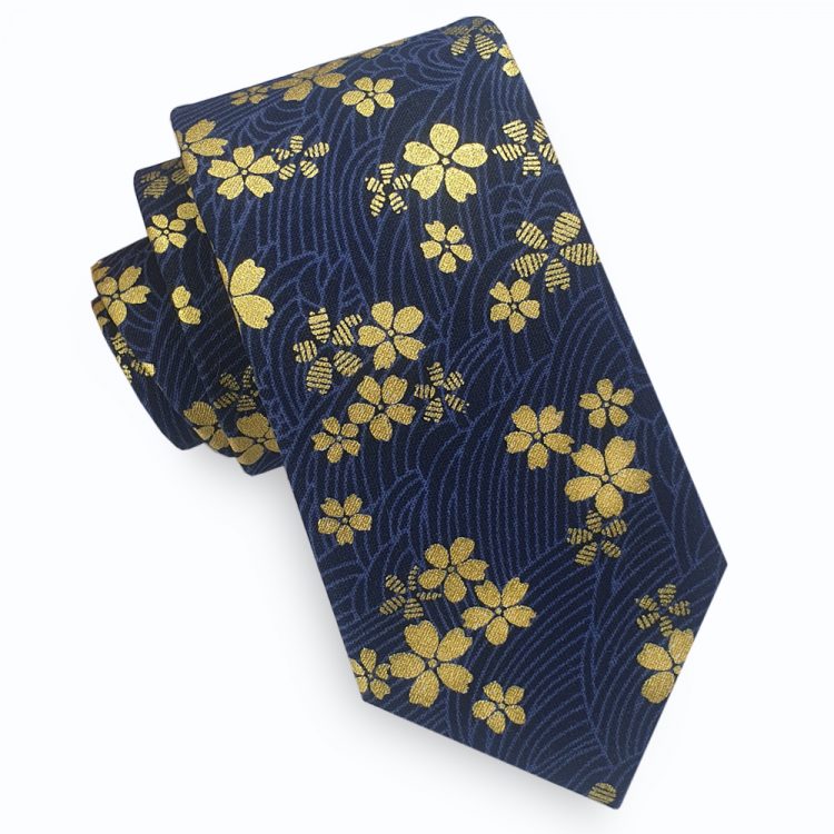 Blue & Gold Asian Floral Slim Tie