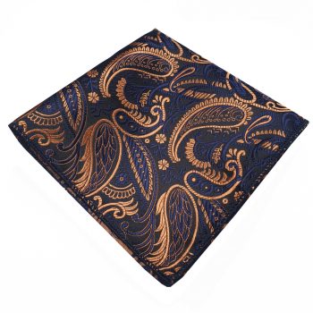 Dark Blue With Gold Plume Paisley Pocket Square