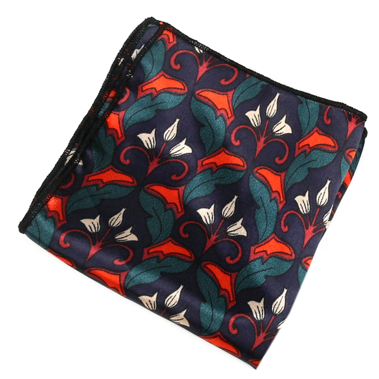 Dark Blue with Red & Green Geometric Floral Pocket Square