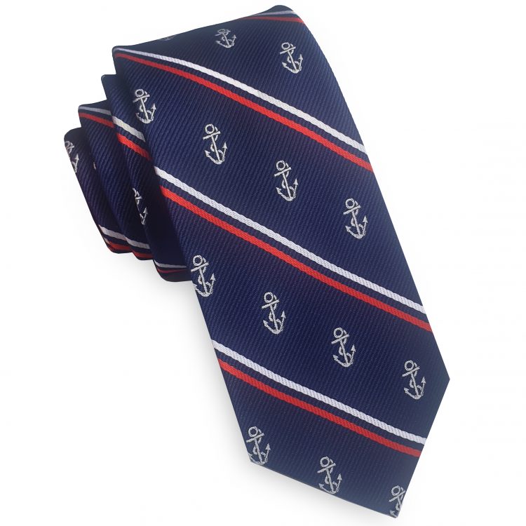 Dark Blue, Red & White with Anchors Skinny Tie