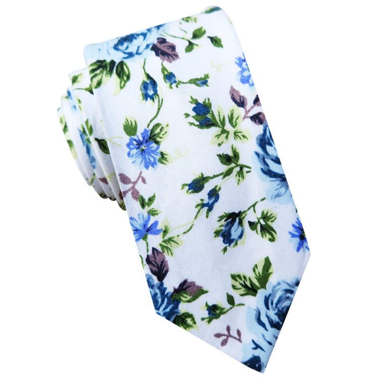 White with Light & Dark Blue Floral Men's Slim Tie